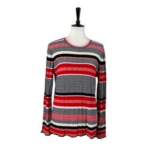 Ann Taylor Sweater Crew Neck Flare Sleeve Black Pink Red Stripe Women Size XL